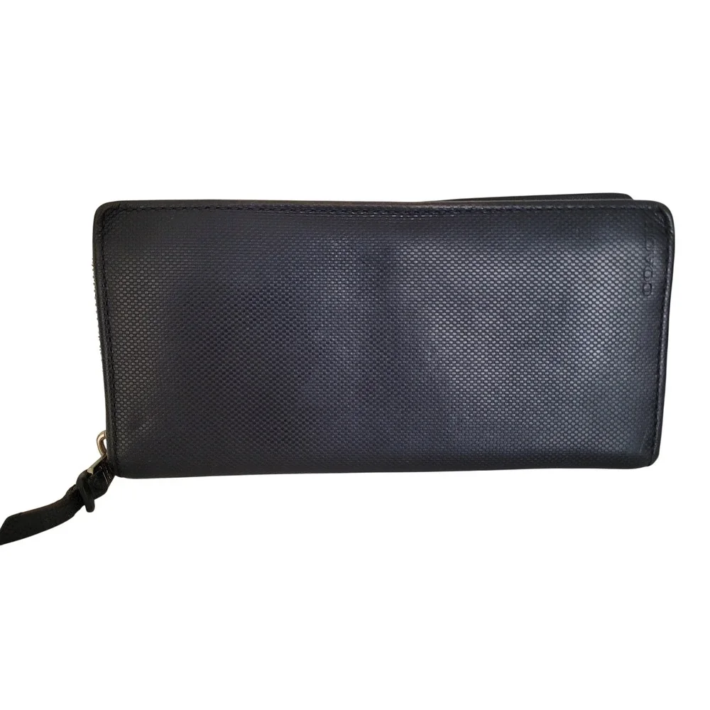 Coach Mens Accordion Zip Wallet Navy Blue Crossgrain Leather Long Wallet